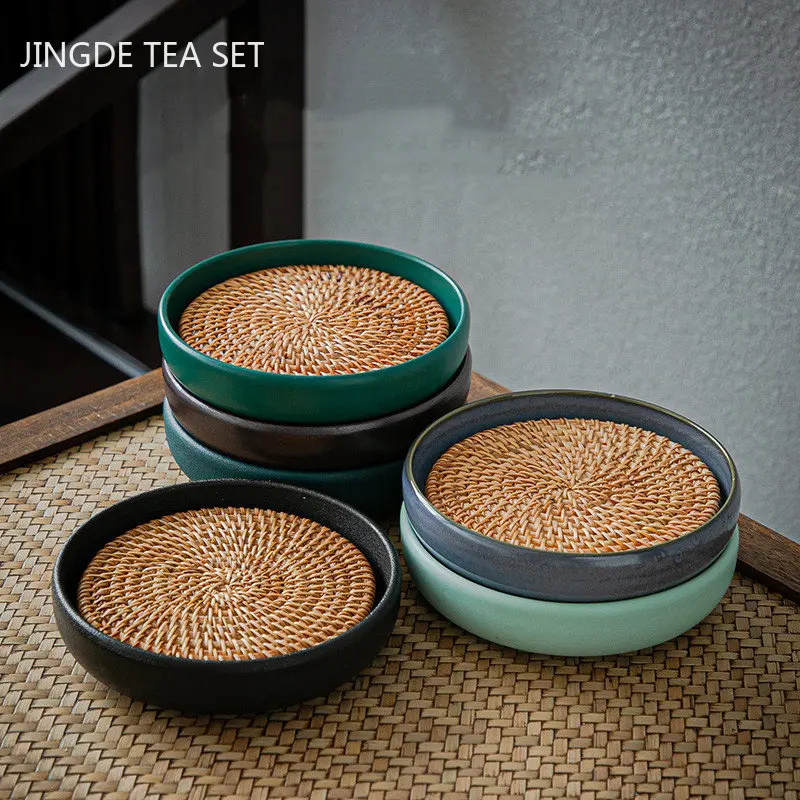 Vintage kaba çömlek demlik tepsisi su depolama su ısıtıcısı Mat dairesel seramik Rattan çay Mat tepsileri gelenek Teaware aksesuarları
