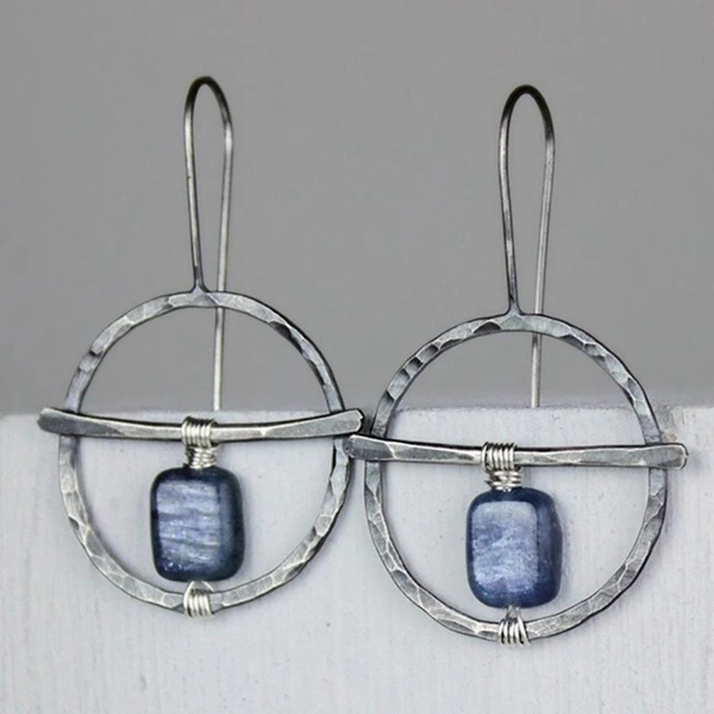 Vintage Pendientes lapis lazuli Taş Küpe Boho Takı Hollow Yuvarlak Çapraz Metal Dangle Küpe Kadınlar için