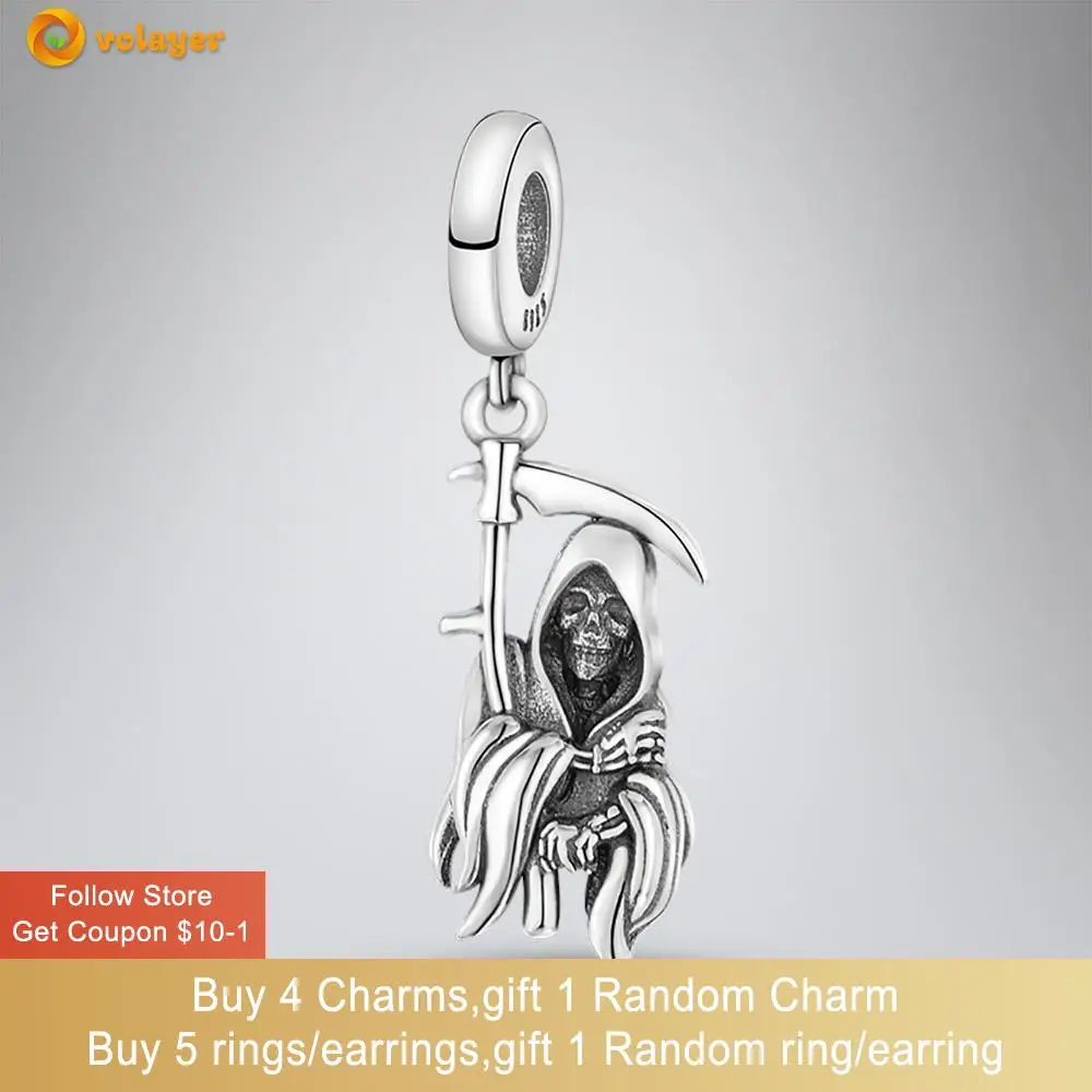 Volayer 925 Ayar Gümüş Boncuk Grim Reaper Charm fit Orijinal Pandora Bilezikler Kadınlar Takı Yapımı için Hediye