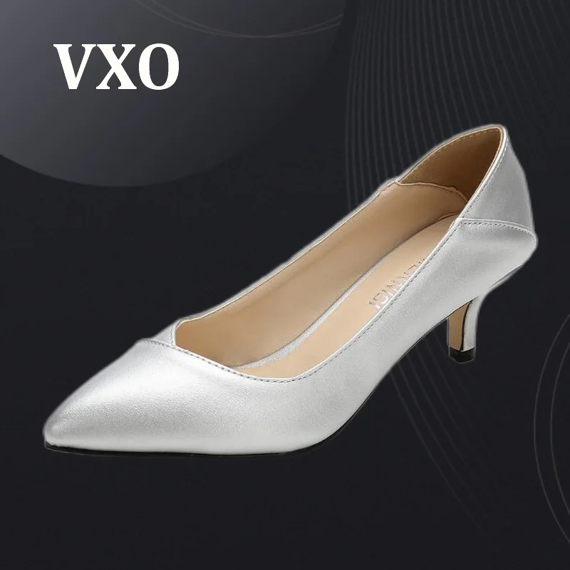 VXO Kadın Ayakkabı Ofis Bayan Pompaları Topuklu Ayakkabı Düşük Topuk Temel Pompa Sığ Akın Elbise Ayakkabı Seksi Sivri Burun Orta Topuk Ayakkabı
