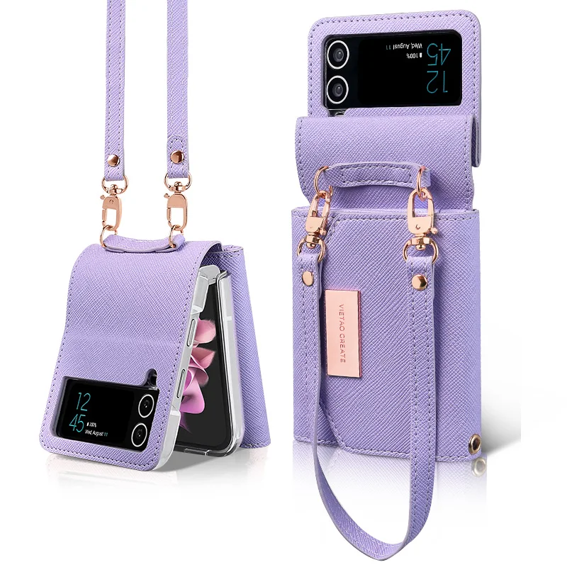 Vıetao zflip 4 3 Mor deri cüzdan kart yuvaları çanta katlanır telefon kılıfı kapak ıçin samsung galaxy z flip 4 3 cep telefonu kılıfı