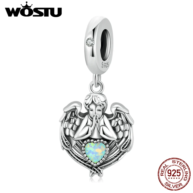 WOSTU 925 Ayar Gümüş Melek Dua Aşk Kalp Opal Charms Boncuk Kolye Fit Orijinal Bilezik Kolye Kadınlar Takı İçin