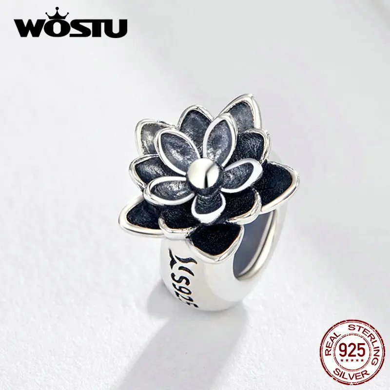 WOSTU Orijinal Siyah Emaye Lotus Çiçeği Silikon Boncuk 925 Ayar Gümüş Fit diy bilezik uğurlu takı Yapımı FIC1196