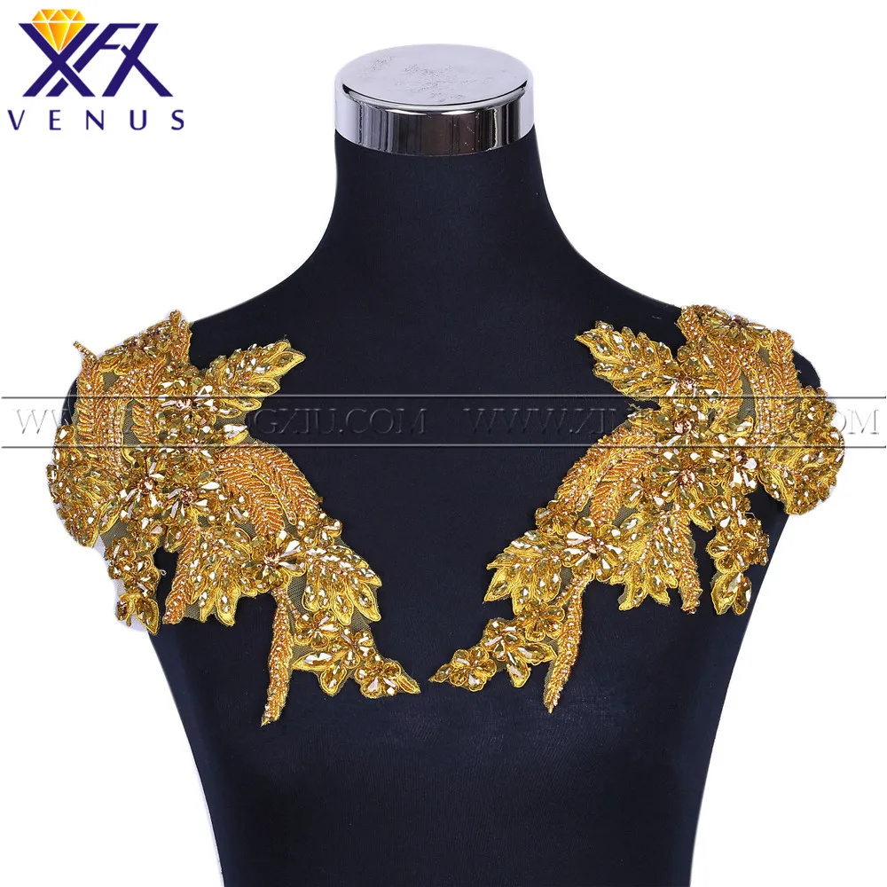 XFX VENÜS 1 Çift Handsew korse Altın taklidi aplike cam boncuk yamalar düğün elbisesi aksesuarları DIY için