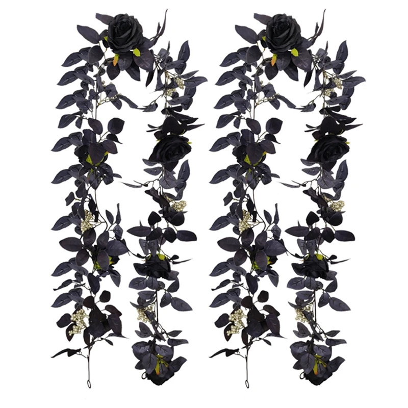 Yapay İpek Siyah Güller çiçek askılığı Dekoratif Sahte Kumaş Sarmaşık Asılı Gül Garland ev duvar dekorasyonu Sahte Bitkiler Yaprak