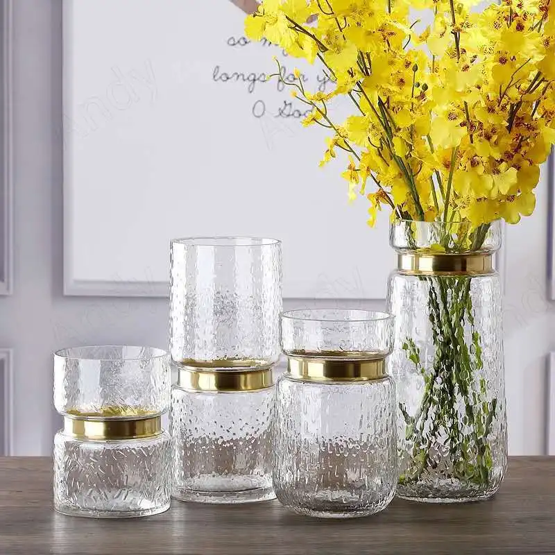 Yaratıcı Cam Vazo Altın İnme Dekoratif Oturma Odası Masaüstü Çiçek Vazolar Çekiç Kabartma Avrupa Ev Dekorasyon Süsler