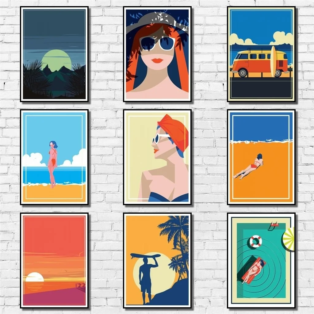 Yaz ve Bahar Plaj Posteri Karikatür Bikini ve Sörf Posteri Sanat Boyama Soyut Fantezi Duvar Sticker Kahve Evi için Bar