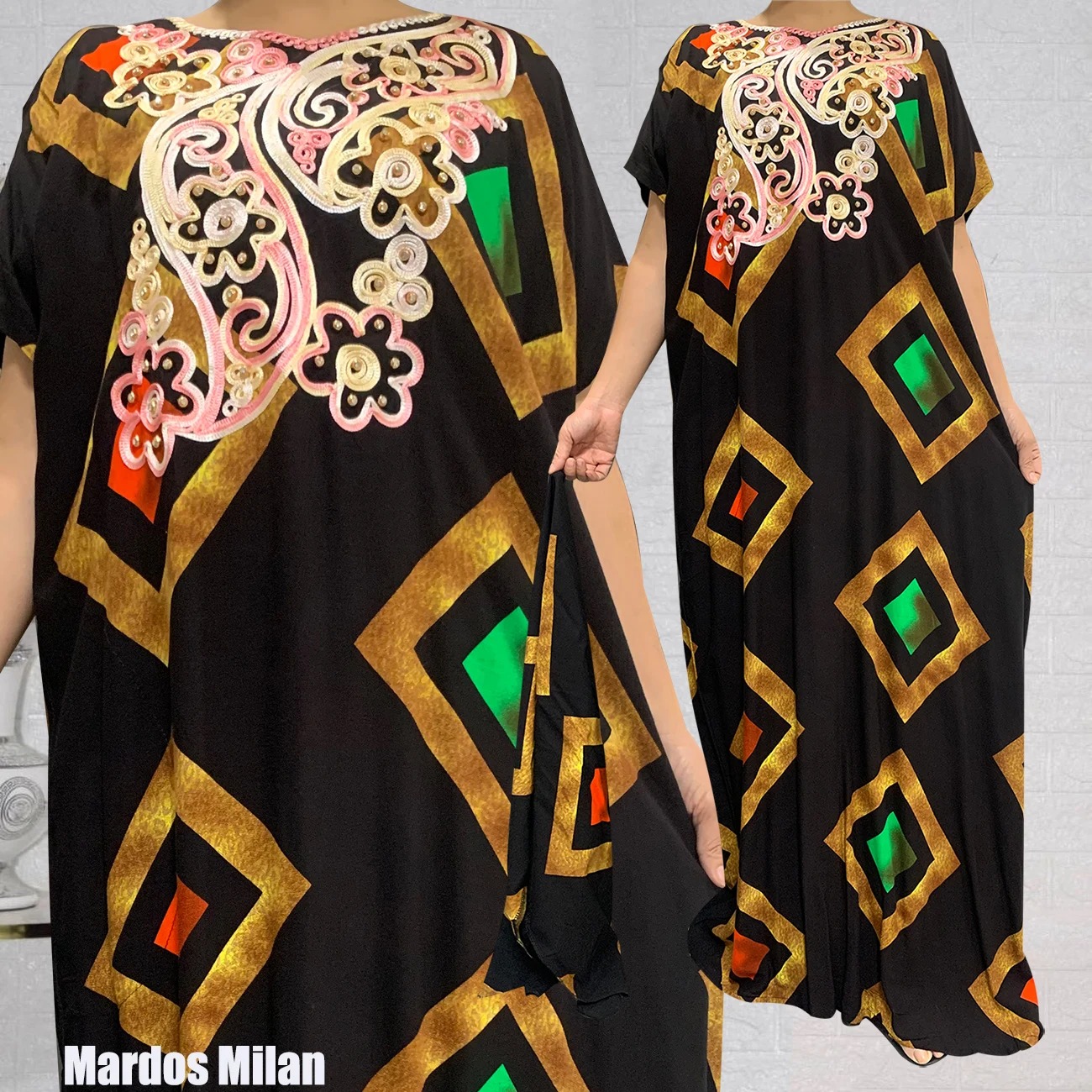 Yeni Baskı Desen Hem Müslüman Moda Işlemeli Kısa Kollu Maxi Elbise Arap Türkiye Afrika Pamuk Giyim Gevşek Elbiseler