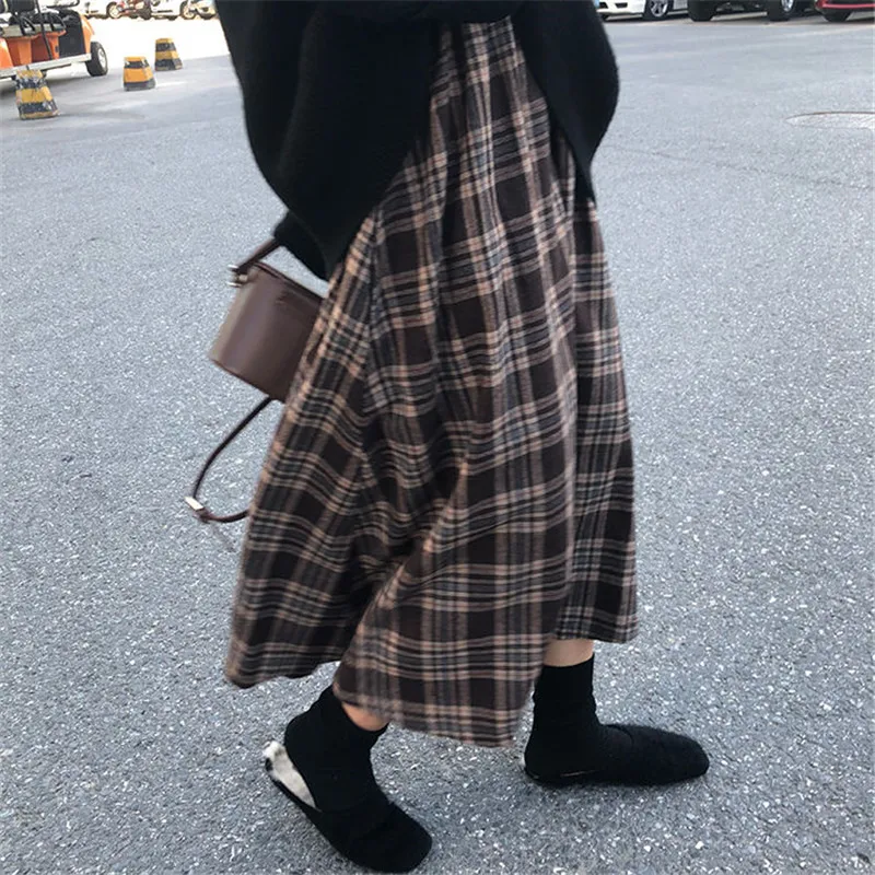 Yeni Japon Harajuku Sonbahar Kış Kadın Midi Etek Yüksek Bel Ekose Kadın Saias Kore Ulzzang Streetwear Zarif Uzun Etekler