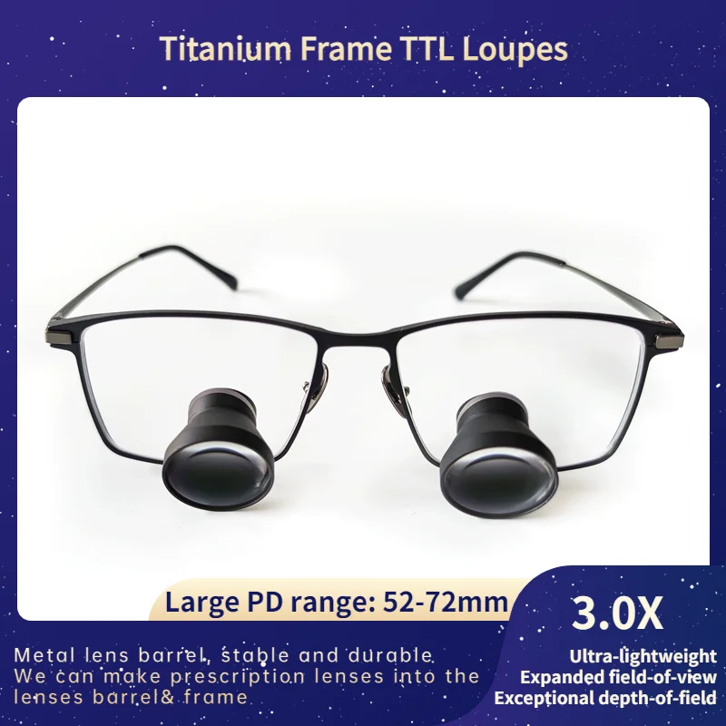 Yeni Varış Titanyum Çerçeve TTL3.0X Loupes Lens Aracılığıyla Diş Tıbbi Cerrahi Loupes Büyük Görüş alanıpd 52-72mm