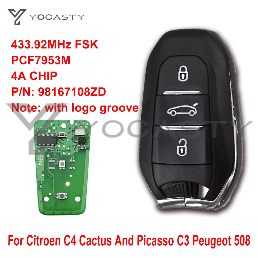 YOCASTY 3 Düğmeler PCF7953M 4A Çip Komple Akıllı Kart Araba Anahtarı Değiştirme CİTROEN C4 Picasso Kilidi 2017 2018 2019 433.92 MHz