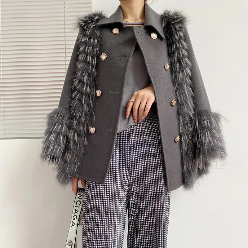 Yüksek moda Kadınlar 2021 Bayanlar kruvaze gerçek tilki kürk yün palto kabanlar toptan DS02