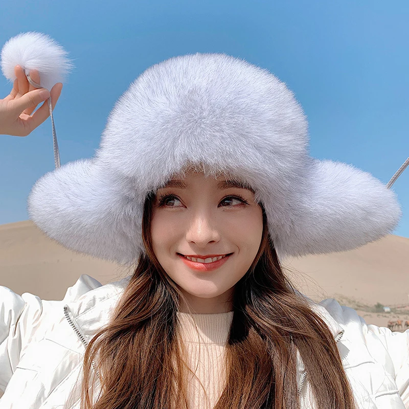 ZDFURS * Kadınlar Doğal Tilki Kürk Rus Rus Kalpağı Şapka Kış Kalın Sıcak Kulaklar Moda Bombacı Şapka Bayan Hakiki Gerçek Tilki Kürk Kap