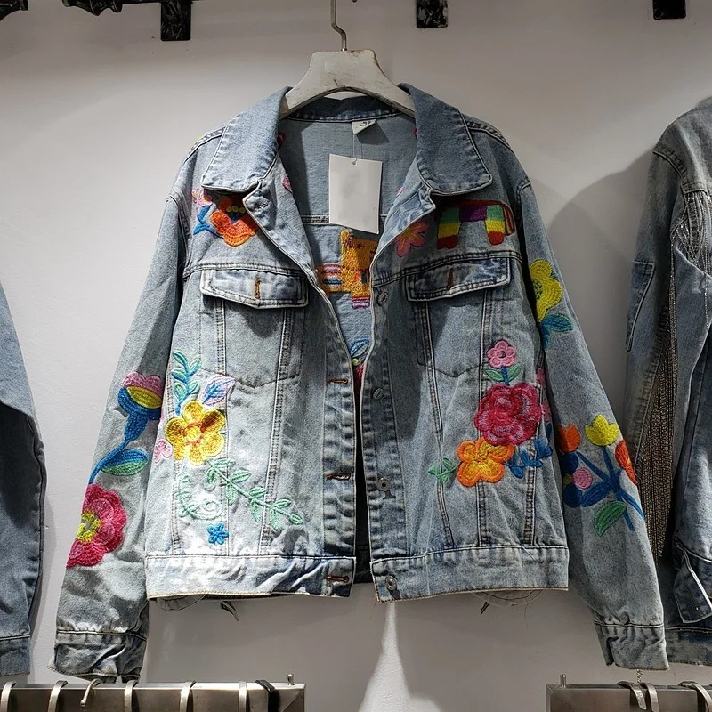 Çiçekler Halk Nakış Bayan Denim Ceket Gevşek Fit Vintage Kadın Ceket Rahat Batwing Kollu K-pop Jean Ceketler Streetwear